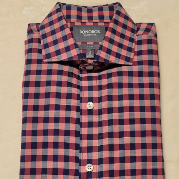Bonobos Blue & Pink Check Spread Collar Slim Fit Dress Shirt Mens 16-34 - Picture 1 of 11